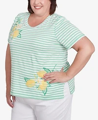 Alfred Dunner Plus Rise and Shine Lemon Printed Striped Top