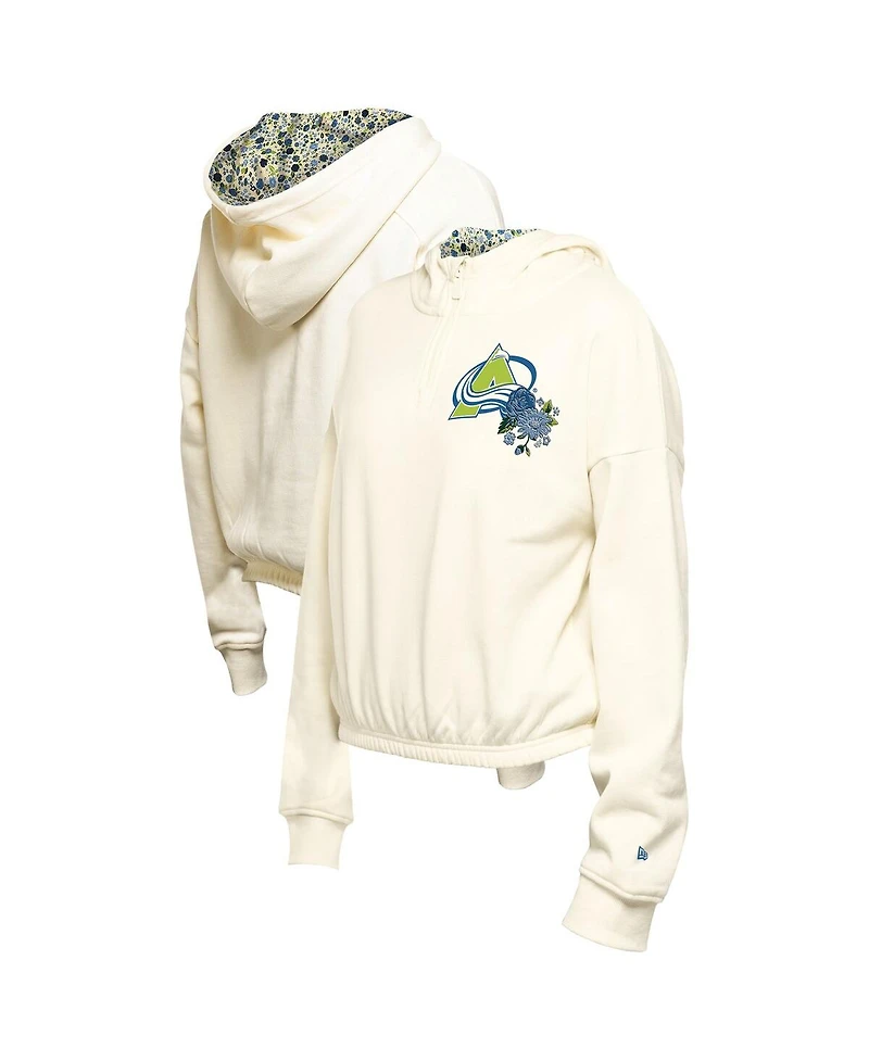 New Era Women's Cream Colorado Avalanche Glam Game Quarter-Zip Cropped Floral Pullover Hoodie