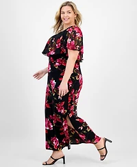 Connected Plus Floral Cape-Overlay Maxi Dress