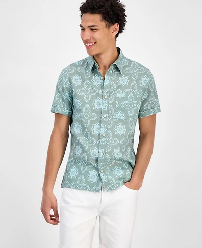 Sun + Stone Men's Avon Short Sleeve Medallion Print Linen Blend Button-Front Shirt, Exclusively at Macy's