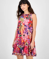 Robbie Bee Petite Printed Tie-Shoulder Mesh Dress