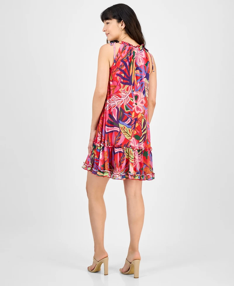 Robbie Bee Petite Printed Tie-Shoulder Mesh Dress