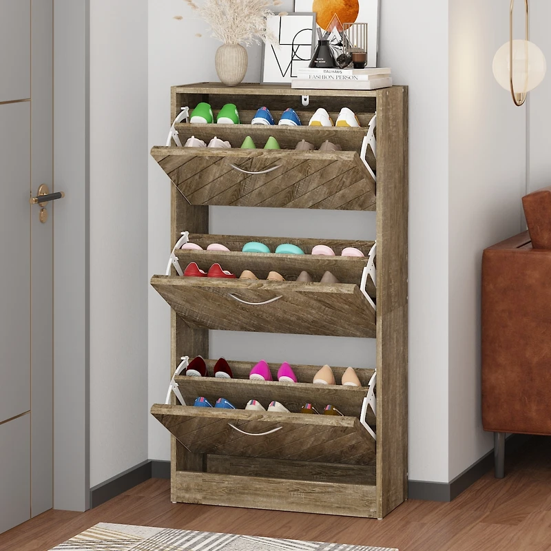 Wooden 3-door natural shoe cabinet, shutter door drawers, multi-purpose shoe rack with adjustable shelves