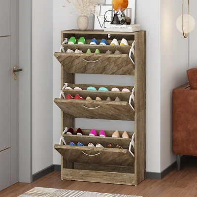 Wooden 3-door natural shoe cabinet, shutter door drawers, multi-purpose shoe rack with adjustable shelves
