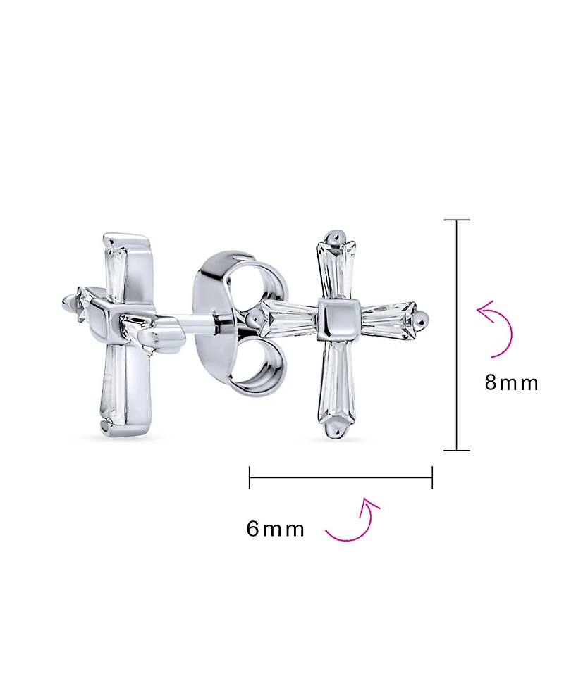 Bling Jewelry Accent Cz Cubic Zirconia Baguette Small Petite Religious Cross Stud Earrings Yellow Gold Plated .925 Sterling Silver