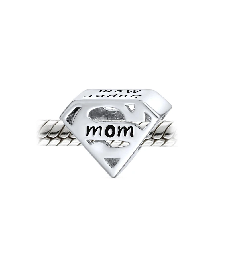 Bling Jewelry Mothers Day -Shape Saying Word Super Mom Charm Bead Oxidized .925 Sterling Silver