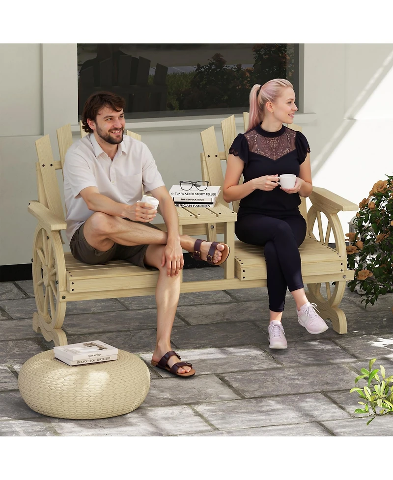 Outsunny Wooden Garden Bench with Table, 2-Seat Outdoor Bench