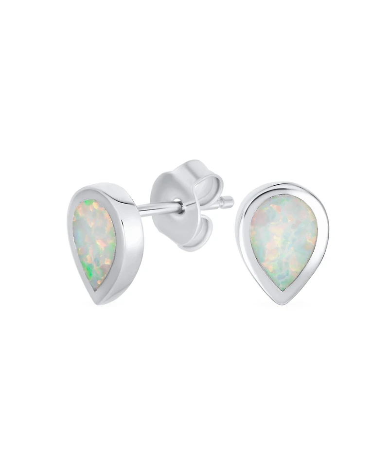 Bling Jewelry Tiny Simple Iridescence Bezel Created White Opal Teardrop Stud Earrings .925 Sterling Silver