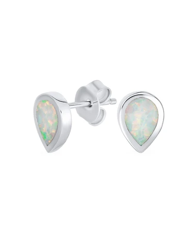 Bling Jewelry Tiny Simple Iridescence Bezel Created White Opal Teardrop Stud Earrings .925 Sterling Silver