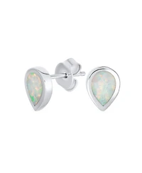 Bling Jewelry Tiny Simple Iridescence Bezel Created White Opal Teardrop Stud Earrings .925 Sterling Silver