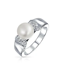 Bling Jewelry Art Deco Style Pave Cz Solitaire White Freshwater Cultured Pearl Promise Ring Silver Plated Brass
