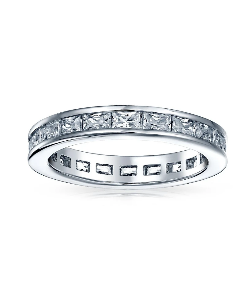 Bling Jewelry Simple Cubic Zirconia Channel Princess Cut Cz Stackable Band Eternity Ring .925 Sterling Silver 2MM