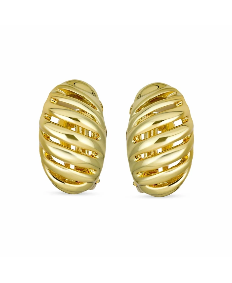 Bling Jewelry Geometric Grooved Twist Shrimp Half Hoop Classic Diagonal Stripe Two Tone Dome Clip On Earrings For Non Pierced Ears Gold Silver P