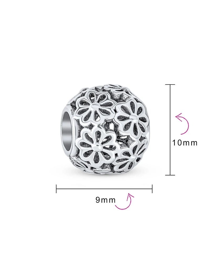 Bling Jewelry Floral Filigree Round Bouquet Flower Barrel Charm Bead Oxidized .925 Sterling Silver