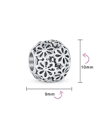 Bling Jewelry Floral Filigree Round Bouquet Flower Barrel Charm Bead Oxidized .925 Sterling Silver