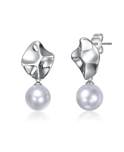 White Gold Plated with Round Pearl Modern Abstract Drop Earrings