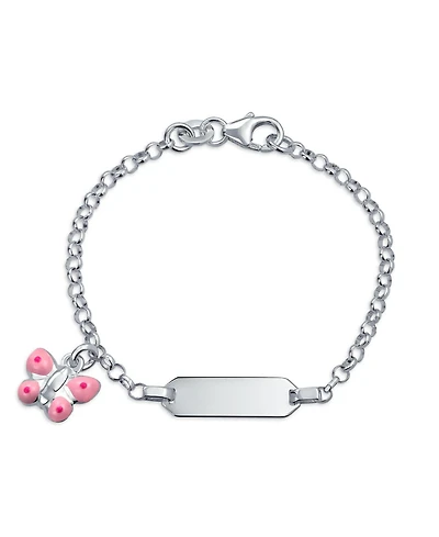 Bling Jewelry Dainty Id Tag Bracelet Pink Butterfly Charm Dangle .925 Sterling Silver For Small Wrists