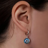 Bling Jewelry Spiritual Protection Round Blue Nazar Evil Eye Drop Huggie Mini Hoop Earrings Endless Murano Glass Yellow Gold Plated .925 Sterling Silv