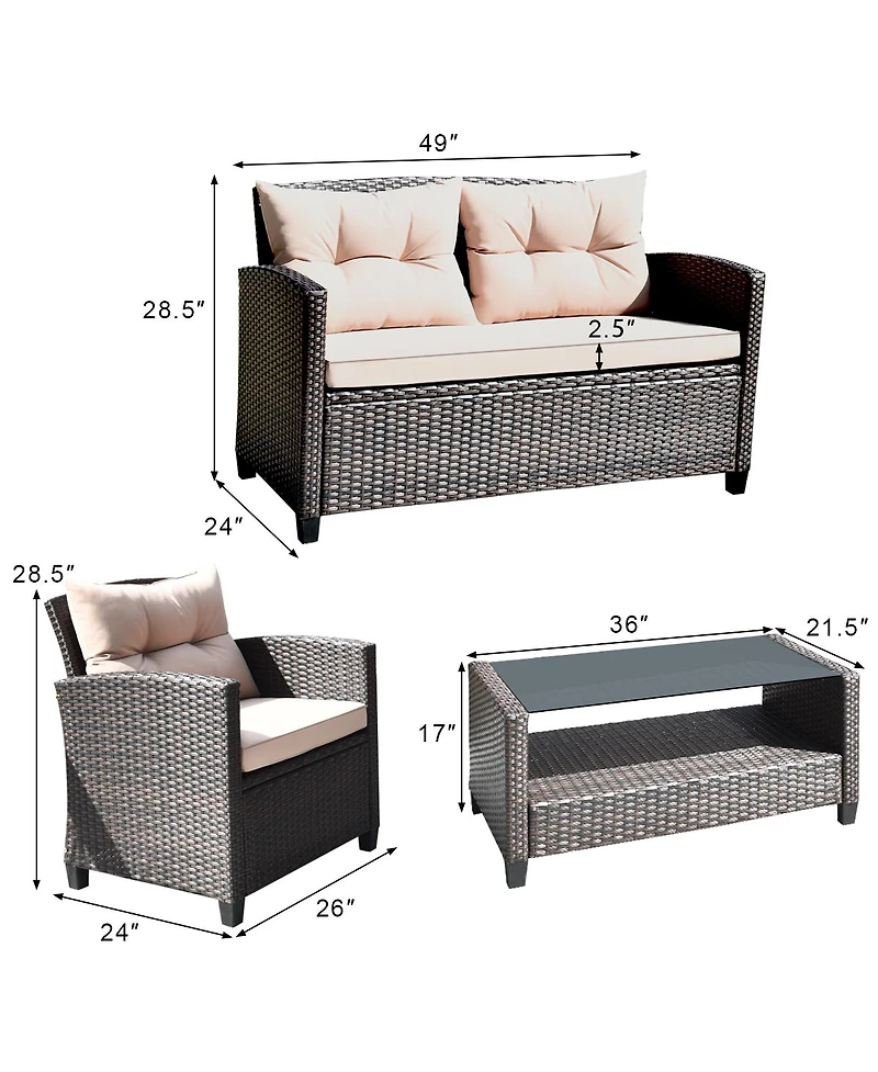 Gymax 4PCS Outdoor Rattan Furniture Set Cushioned Patio Sofa Set