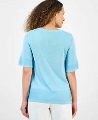 Jm Collection Petite Textured-Knit V-Neck Short-Sleeve Sweater, Exclusively at Macy's