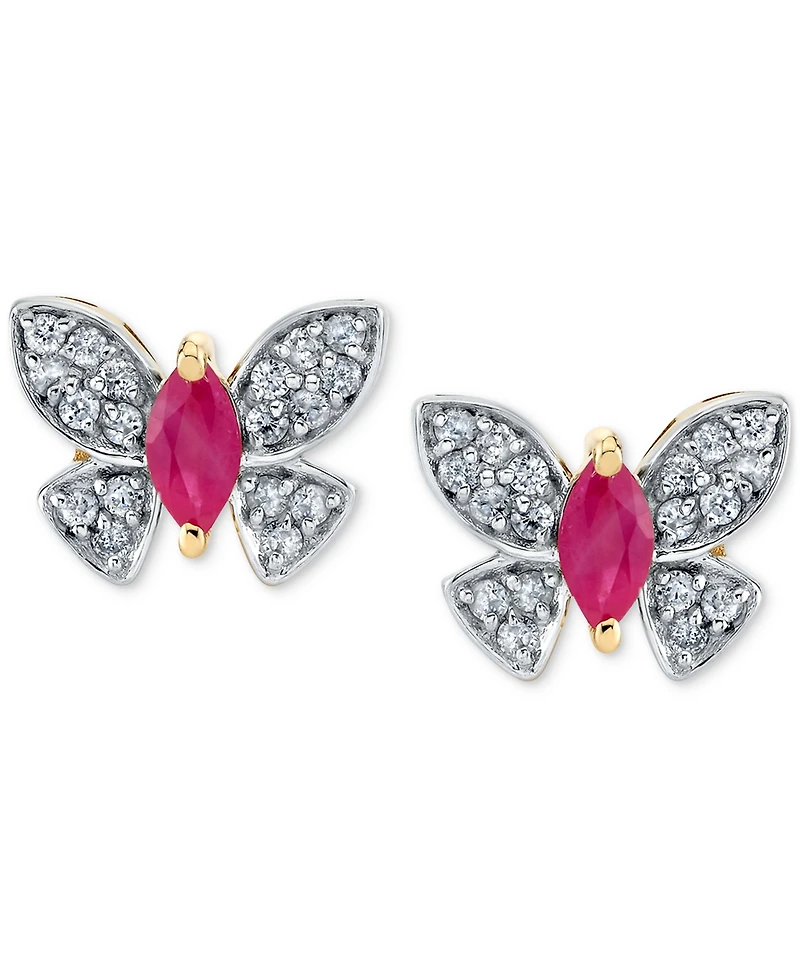 Ruby (1/2 ct. t.w.) & Diamond (1/5 ct. t.w.) Butterfly Stud Earrings in 14k Yellow Gold