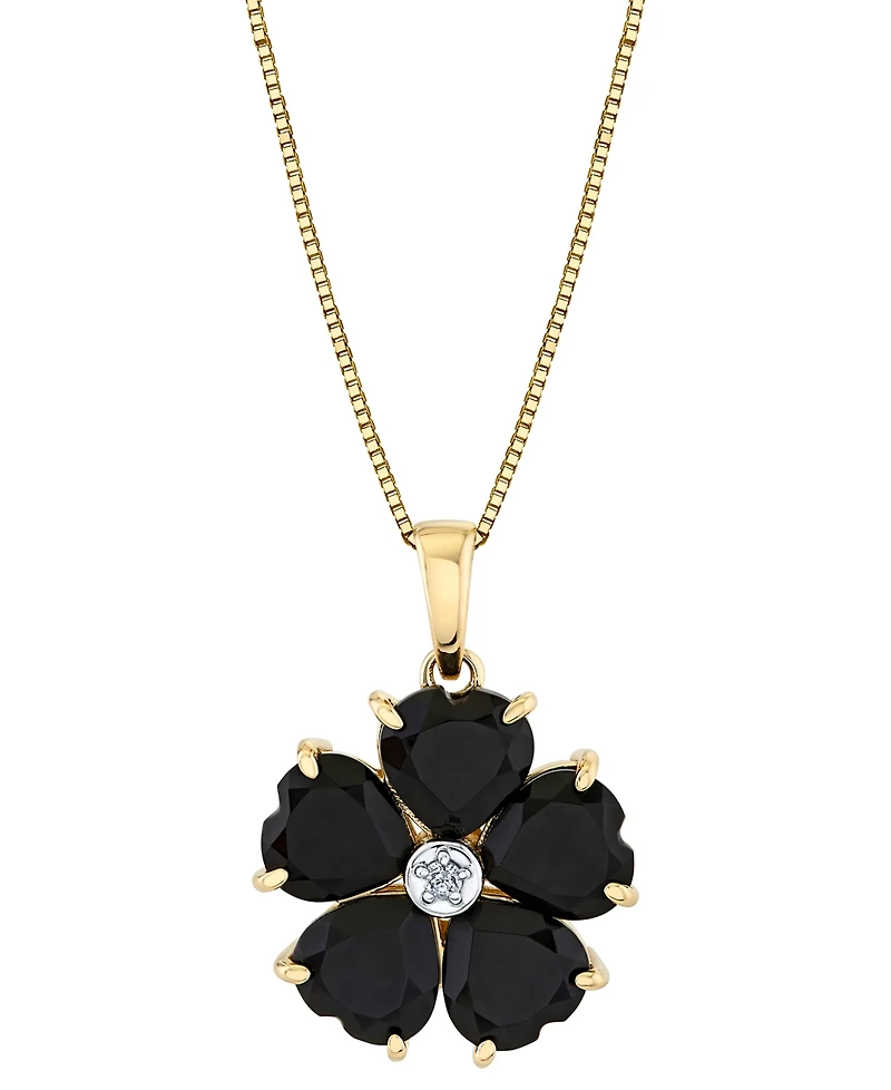 Heart Onyx (6mm) & Diamond Accent Flower 18" Pendant Necklace in 10k Yellow Gold