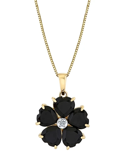 Heart Onyx (6mm) & Diamond Accent Flower 18" Pendant Necklace in 10k Yellow Gold