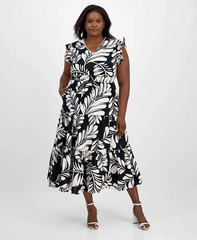 Anne Klein Plus Printed V-Neck Ruffled Midi Dress