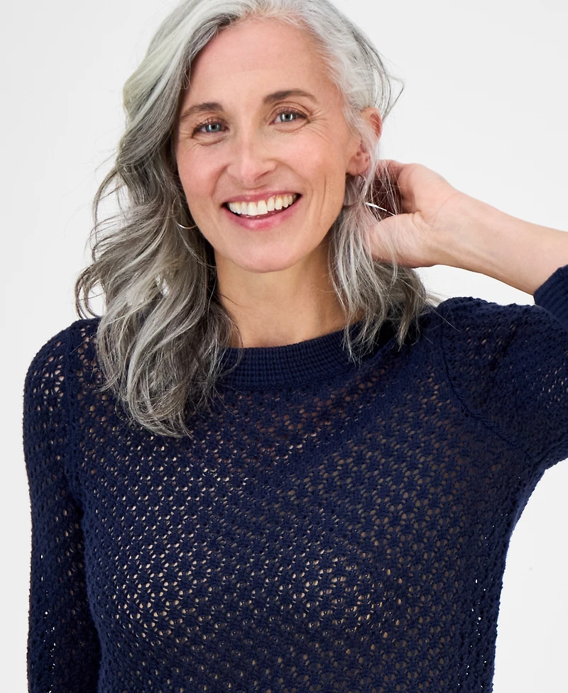 Style & Co Petite Open-Stitch 3/4-Sleeve Cotton Sweater, Exclusively at Macy's