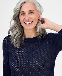 Style & Co Petite Open-Stitch 3/4-Sleeve Cotton Sweater, Exclusively at Macy's