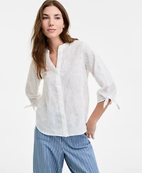 Jones New York Women's Y-Neck Button-Front Embroidered Cotton Top