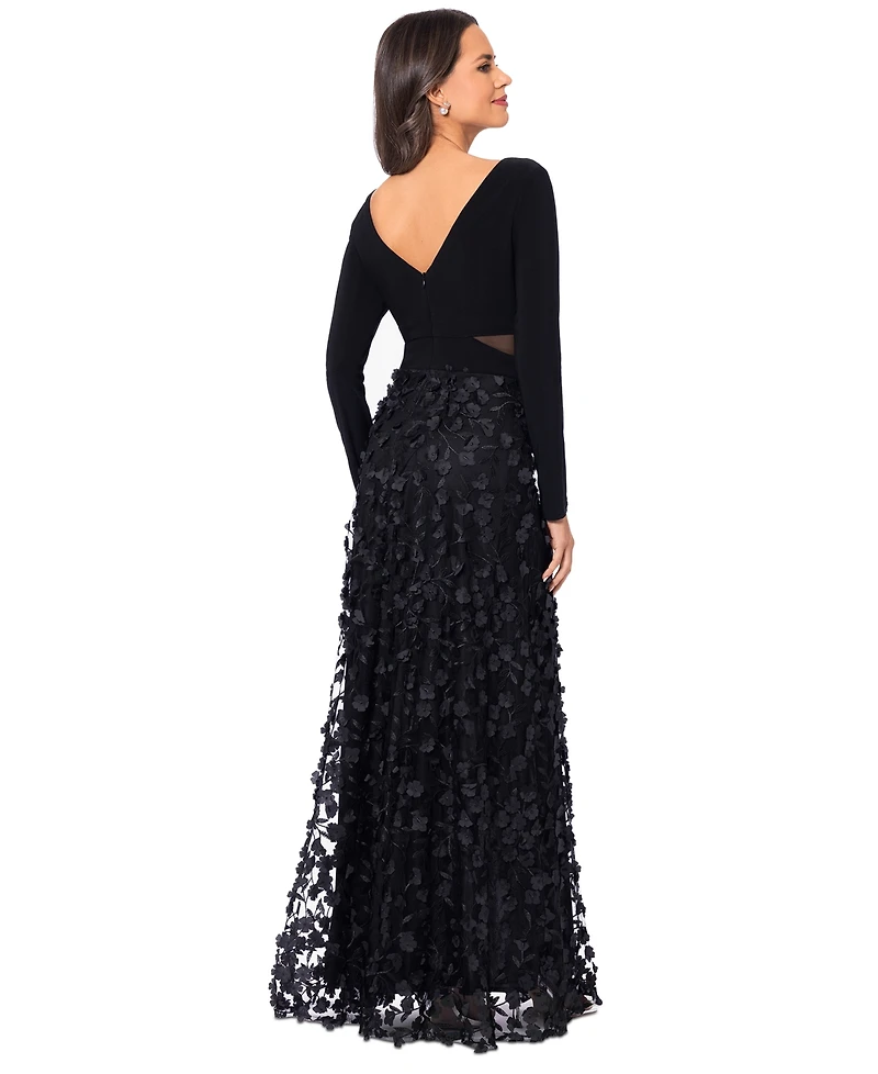Xscape Mesh-Cutout Flower Gown