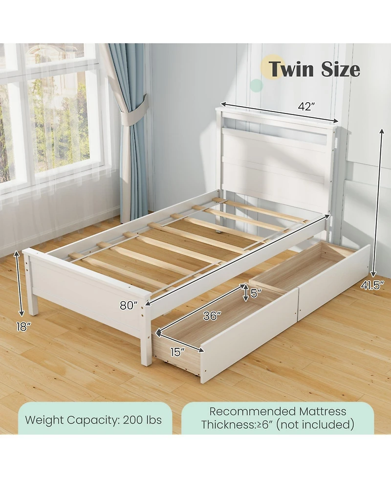 Twin Wooden Bed Frame with 2 Drawers for Teens and Adults