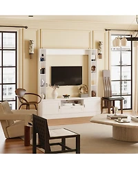 Tv stand with two doors and one drawer, media console with six fixed shelves, entertainment center in white wood