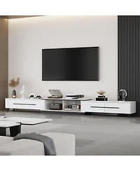Retractable Tv stand with 4 drawers, media console with metal handles and feet, splicable entertainment center