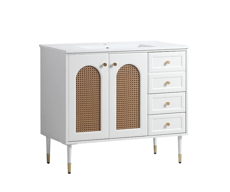 Casainc 36" Bathroom Vanity with Ceramic Sink, Rattan Bathroom Storage Cabinet with Two Doors and Drawer