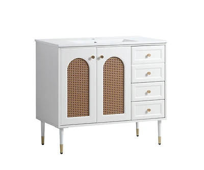 Casainc 36" Bathroom Vanity with Ceramic Sink, Rattan Bathroom Storage Cabinet with Two Doors and Drawer