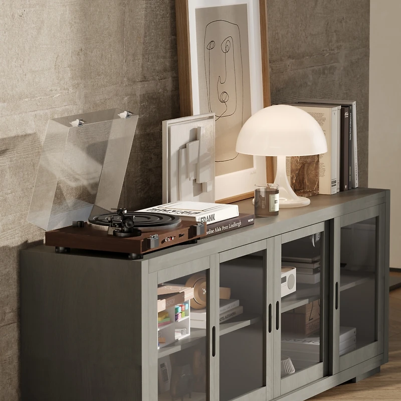 Solid Wood Tv Stand with 4 Sliding Tempered Glass Doors,Media Console