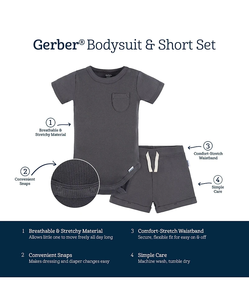 Gerber Baby Boys 2-Pack Bodysuit and Shorts Set, Dark Grey, 0-3 Months