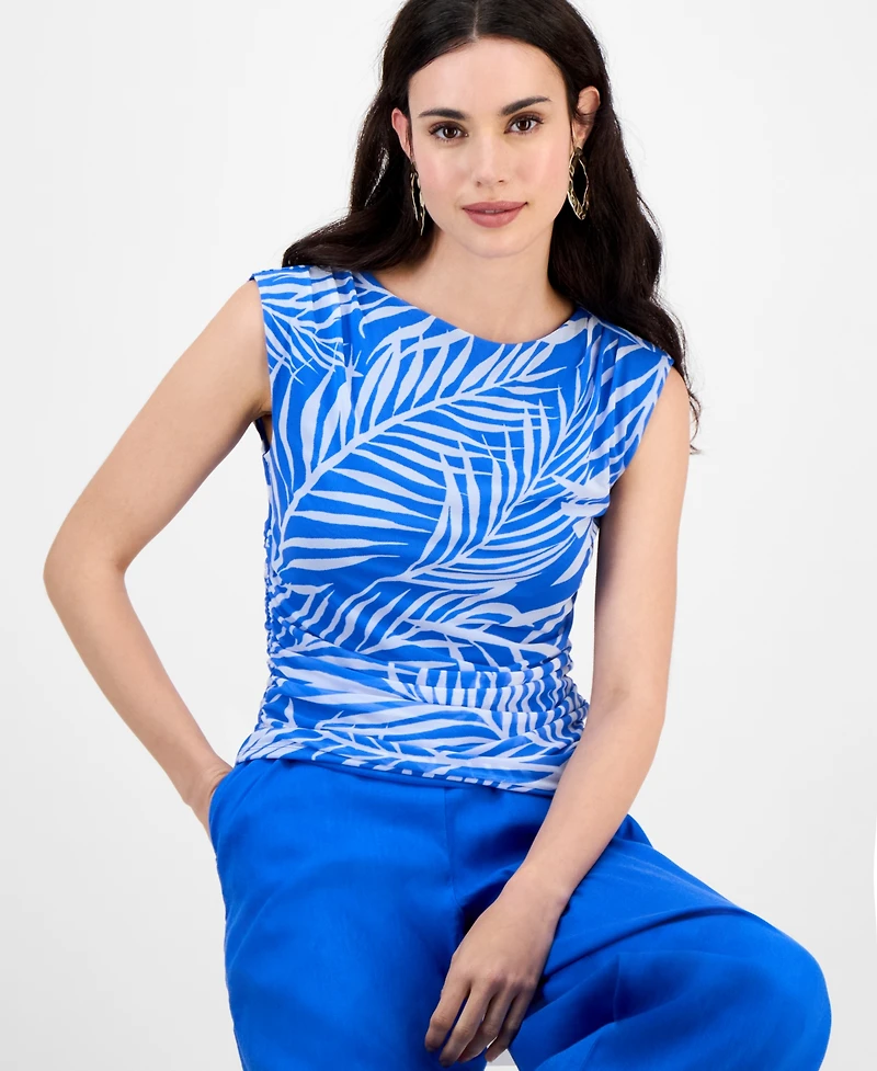 I.n.c. International Concepts Petite Printed Side-Ruched Mesh Tank Top, Exclusively at Macy's