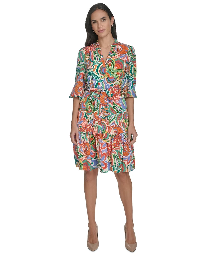 Jessica Howard Women's Printed Tie-Waist Balloon-Sleeve Dress