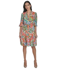 Jessica Howard Women's Printed Tie-Waist Balloon-Sleeve Dress
