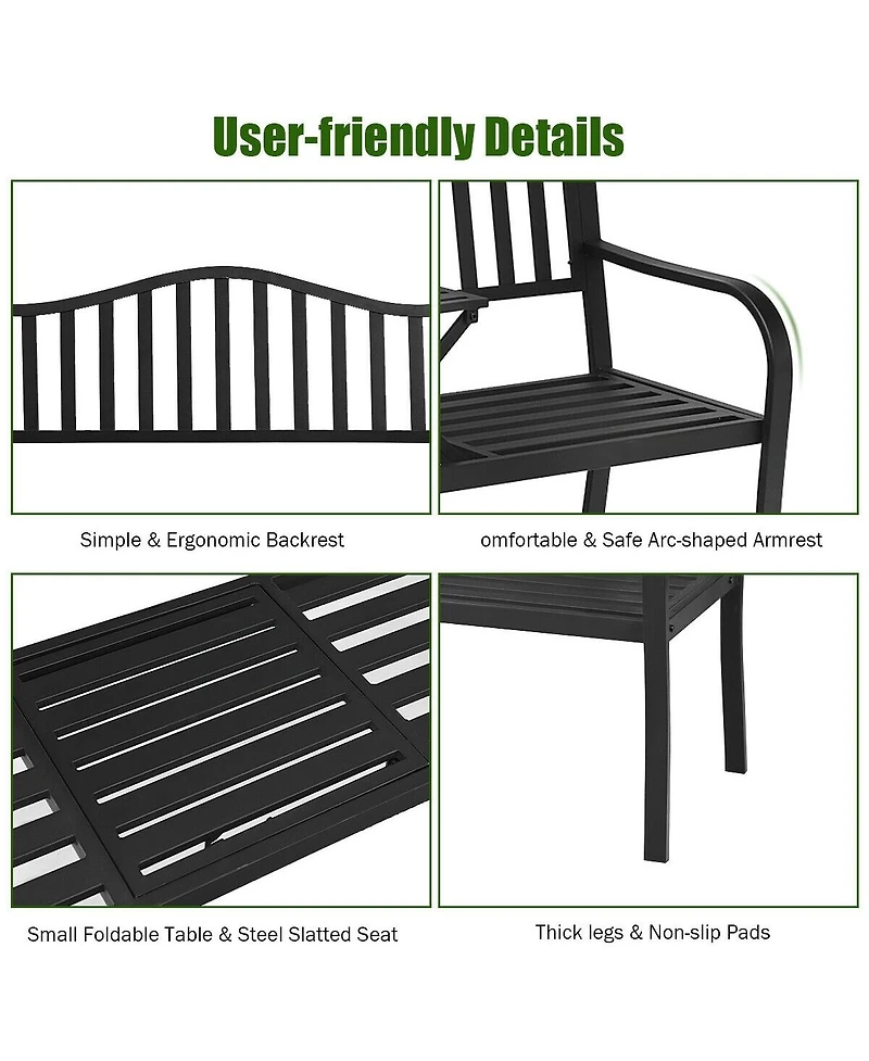 Patio Garden Bench Steel Frame with Adjustable Center Table