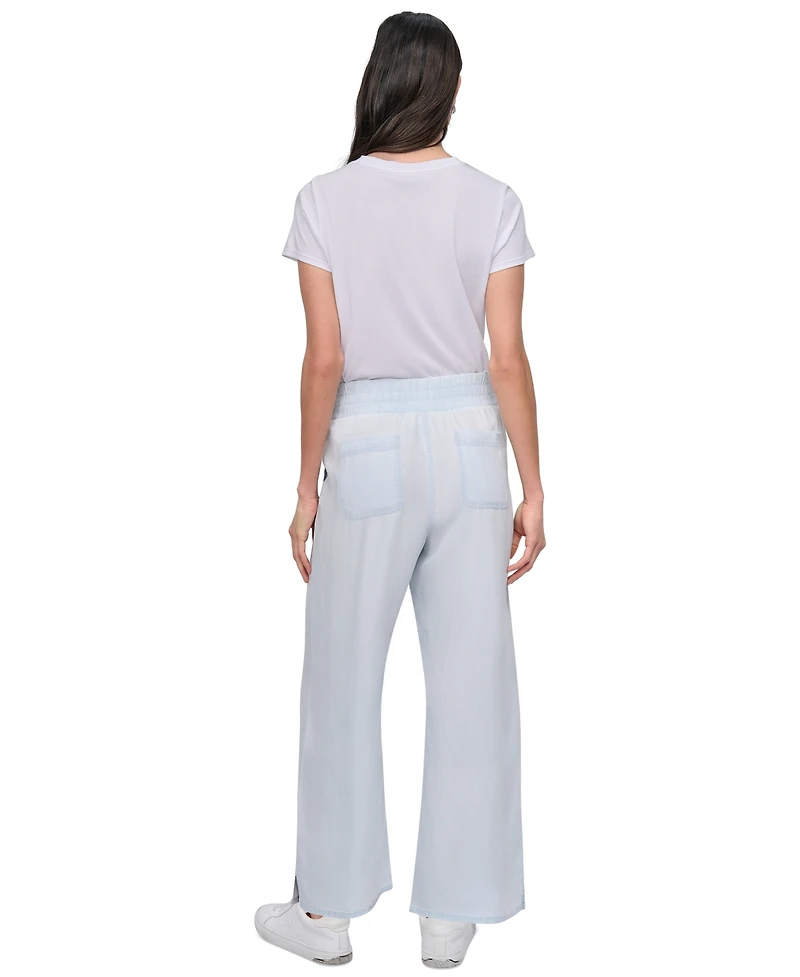 Dkny Jeans Petite Chambray Smocked-Waist Wide-Leg Pants