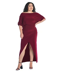 24seven Comfort Apparel Plus Boat Neck Batwing Sleeve Slit Maxi Dress