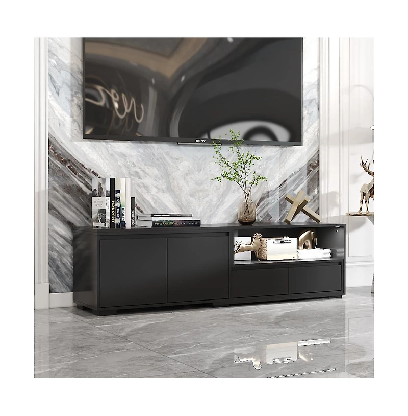 Tv stand with 2 drawers, 2 cabinet doors, retractable media console, black wood entertainment center