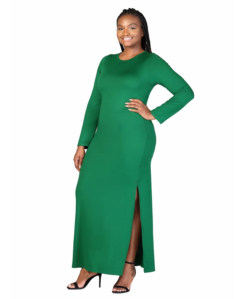 24seven Comfort Apparel Plus Long Sleeve Side Slit Fitted Maxi Dress
