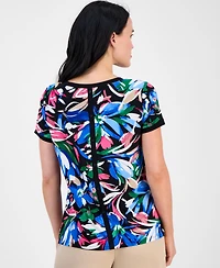 Ak Anne Klein Petite Printed Button-Back Short-Sleeve Top
