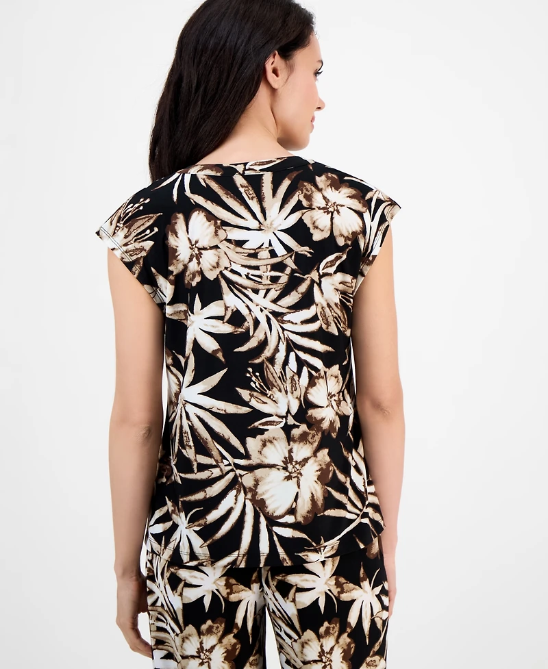 Ak Anne Klein Petite Printed Split-Neck Sleeveless Top