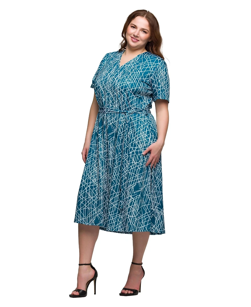 24seven Comfort Apparel Plus Print Short Sleeve Tie Waist Midi Dress